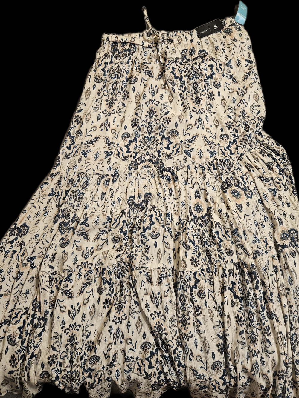 NWT Maurices Boho Tiered Maxi Skirt in Cream and Navy Floral